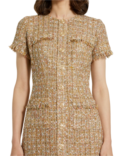 Shop Mac Duggal Boucle Short Sleeve Button Down Mini Dress With Pockets In Latte Multi