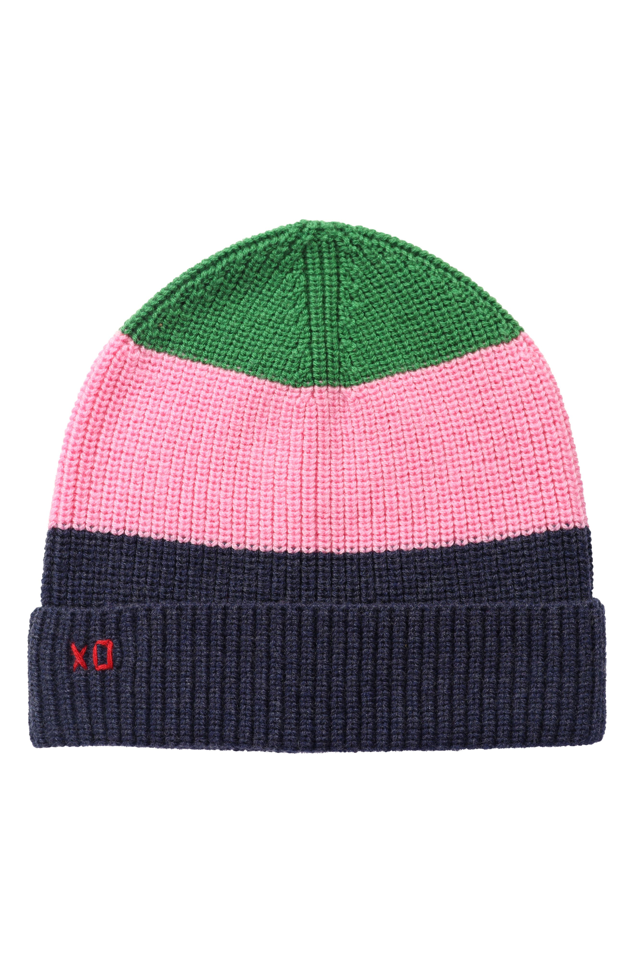 Frances Valentine Colorblock Cardigan Stitch Beanie in Navy Heather Multi 