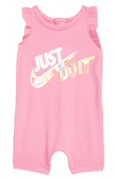Nike Freeze Tag Ruffle Shoulder Cotton Graphic Romper in Psychic