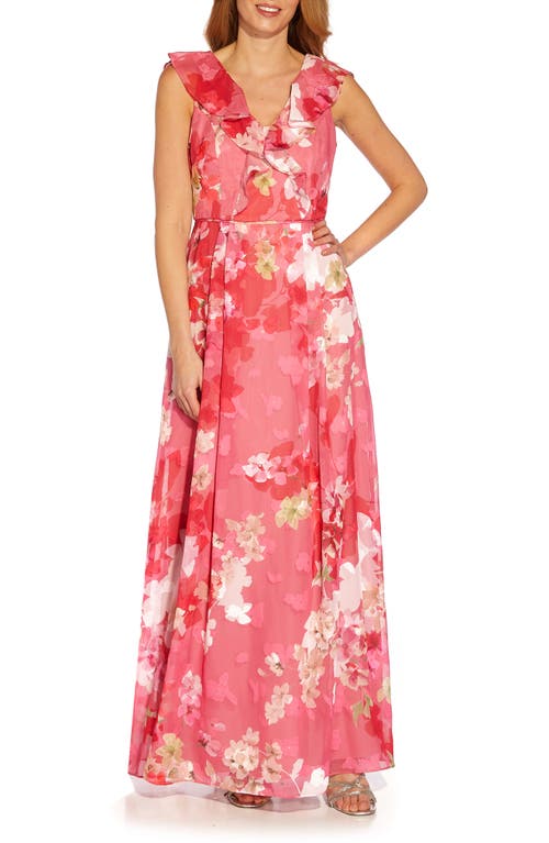 Adrianna Papell Floral Jacquard Ruffle Gown in Pink Multi