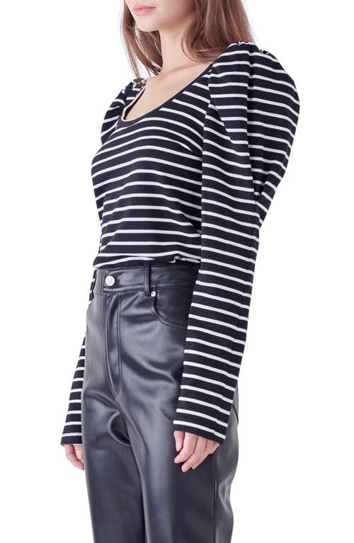 Shop English Factory Stripe Puff Sleeve Knit Top In Black/white