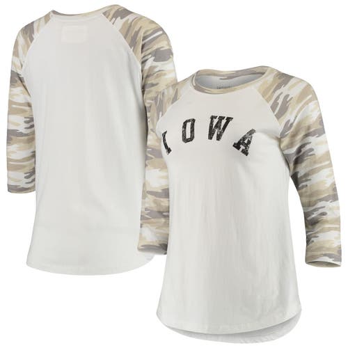 CAMP DAVID Women's White/Camo Iowa Hawkeyes Boyfriend Baseball Raglan 3/4-Sleeve T-Shirt