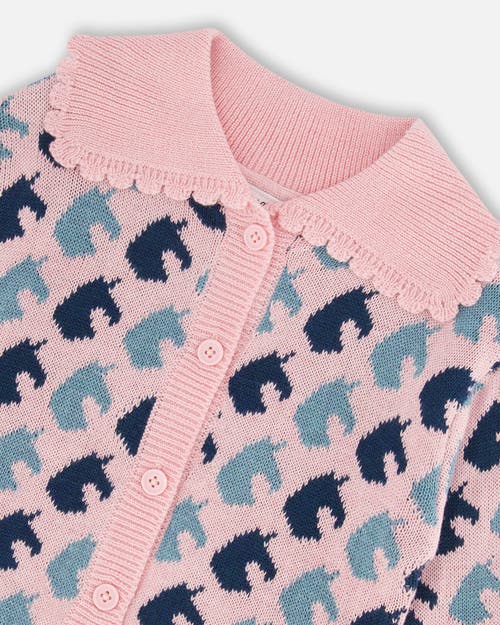 Shop Deux Par Deux Little Girl's Jacquard Knit Cardigan Pink Unicorn In Pink Jacquard Unicorn