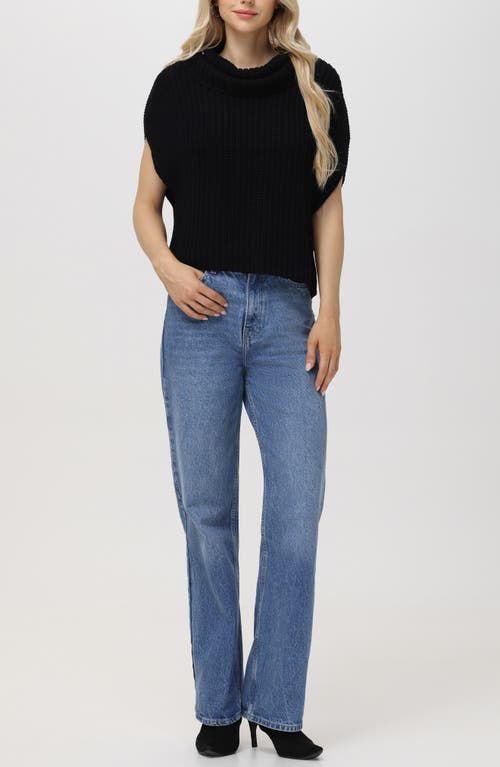 525 Cate Short Sleeve Cowl Neck Cotton Sweater In Black