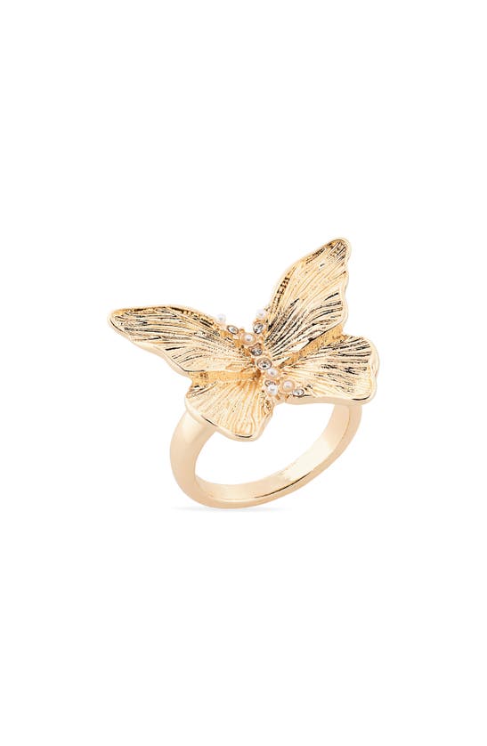 Nordstrom Rack Imitation Pearl & Crystal Butterfly Ring In Clear- White- Gold