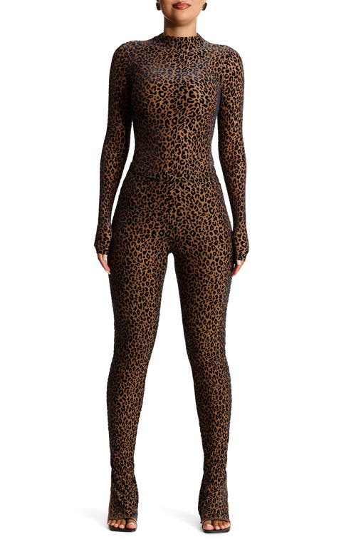 Shop Naked Wardrobe Burnout Velvet Long Sleeve Bodysuit In Leopard Nude