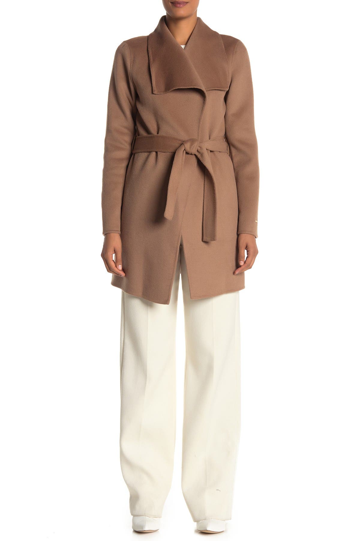 tahari wool blend belted wrap coat