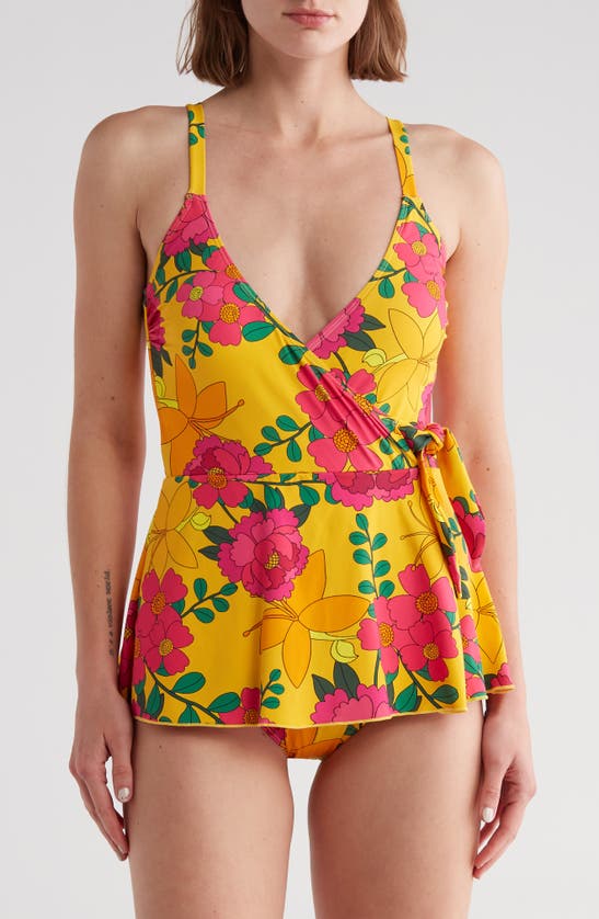 Betsey Johnson Floral Faux Wrap Swim Dress In Floral Print