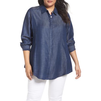 Plus Size Foxcroft Chambray Tunic, Blue