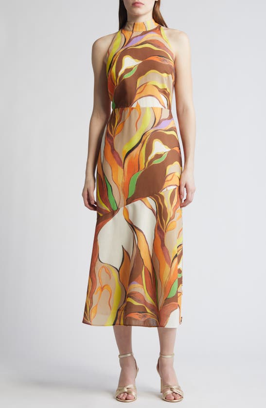 Sam Edelman Painted Palm Mock Neck Midi Dress In Natural Multi