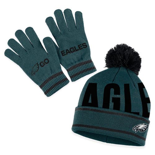 Women's WEAR by Erin Andrews Midnight Green Philadelphia Eagles Double Jacquard Cuffed Knit Hat with Pom and Gloves Set