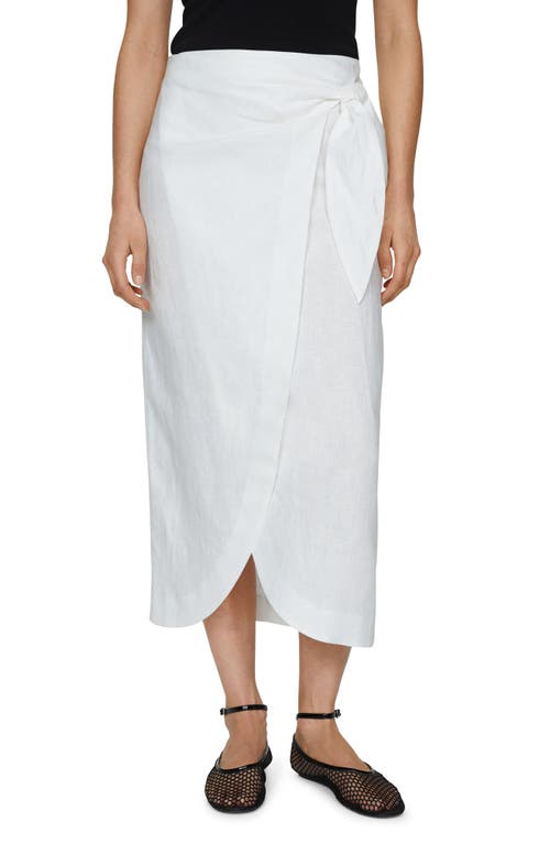 MANGO Wrap Front Linen Midi Skirt in White