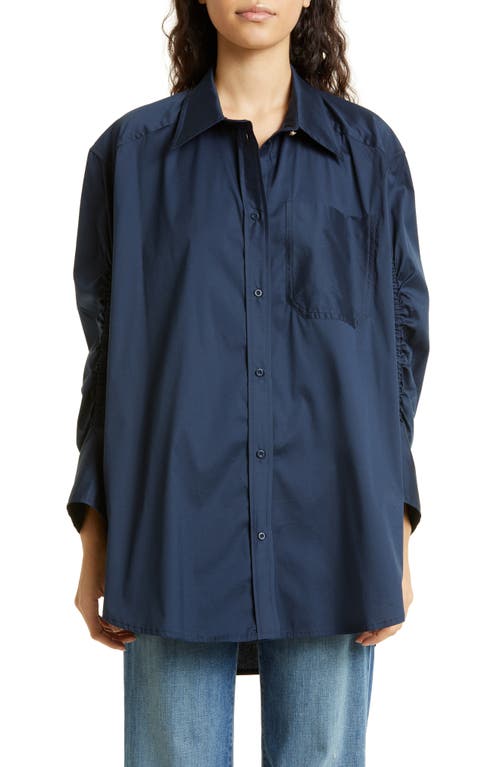MUNTHE Jadyn Ruched Sleeve Organic Cotton Blend Tunic Shirt in Navy