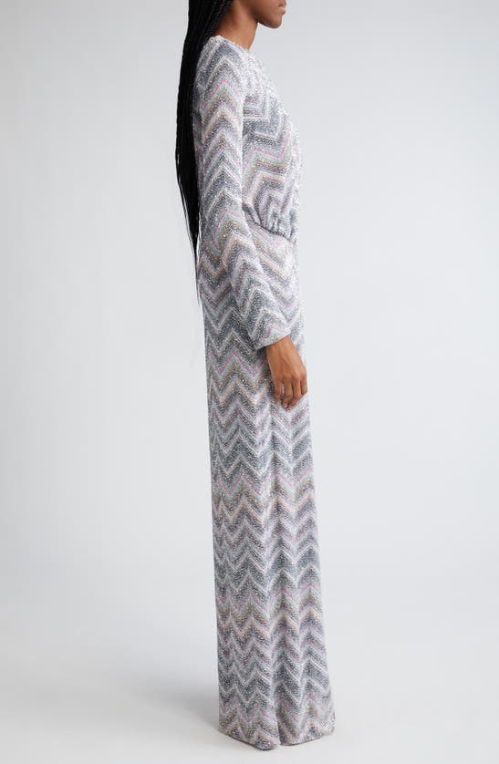 Shop Missoni Sparkly Sequin Long Sleeve Chevron Knit Gown In Light Blue Grey White Base