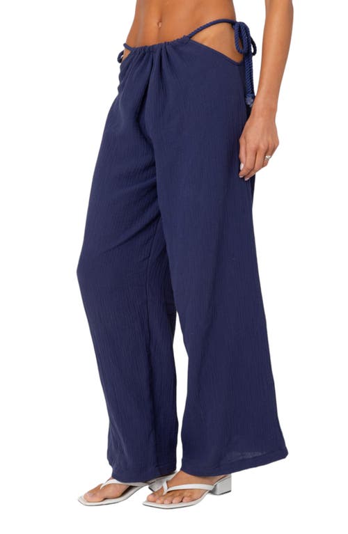 Shop Edikted Leoni Cutout Wide Leg Cotton Gauze Pants In Navy