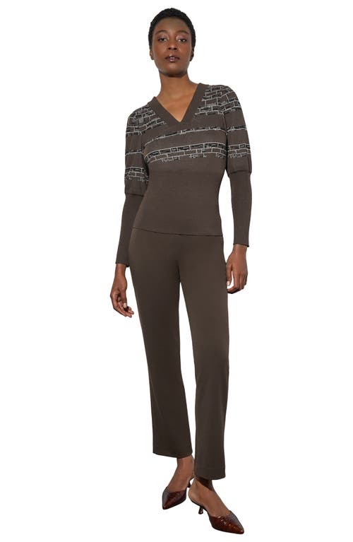 Shop Ming Wang Jacquard Rib Sweater In Dark Umber/limestone/black