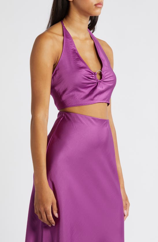 Shop Something New Marie Satin Crop Halter Top In Willow Herb