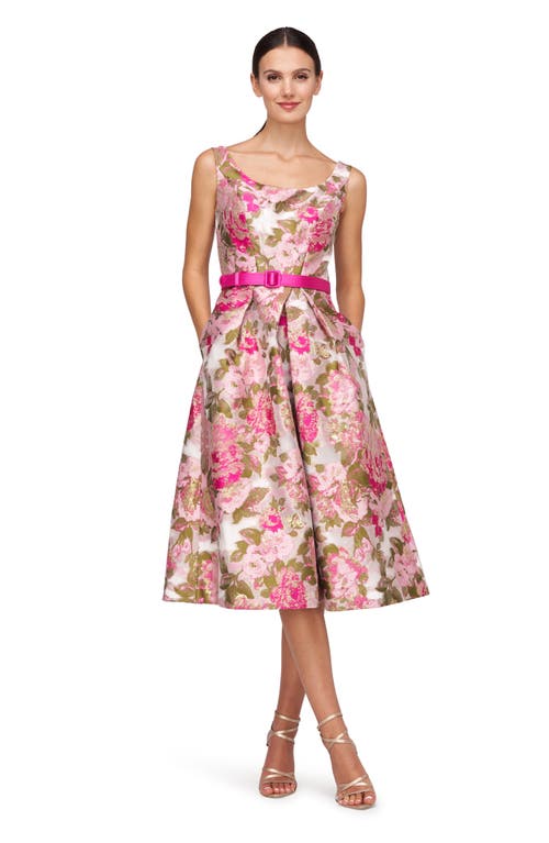 Shop Kay Unger Miriam Belted Brocade Midi Dress In Wild Raspberry