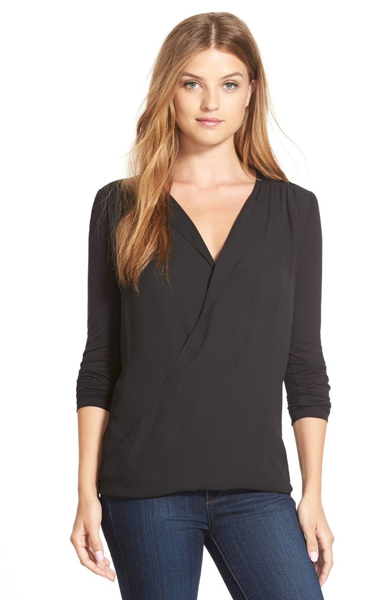 Halogen® Faux Wrap Woven and Knit Top (Regular & Petite) | Nordstrom