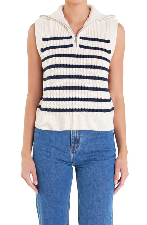 English Factory Stripe Sleeveless Quarter Zip Sweater In Cream/navy