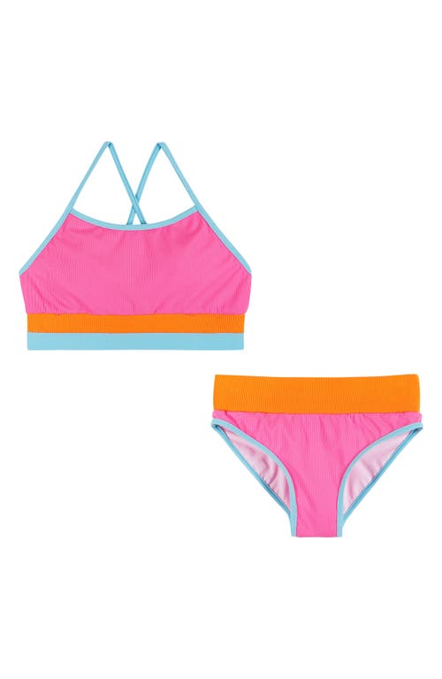 Andy & Evan Kids' Rib Colorblock Two-Piece Swimsuit in Pink at Nordstrom, Size 16Y