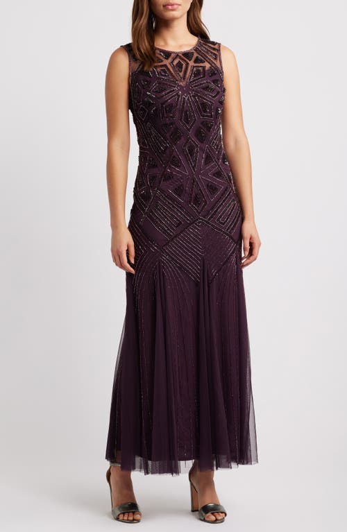 Pisarro Nights Geometric Beaded Sleeveless Gown in Wine 