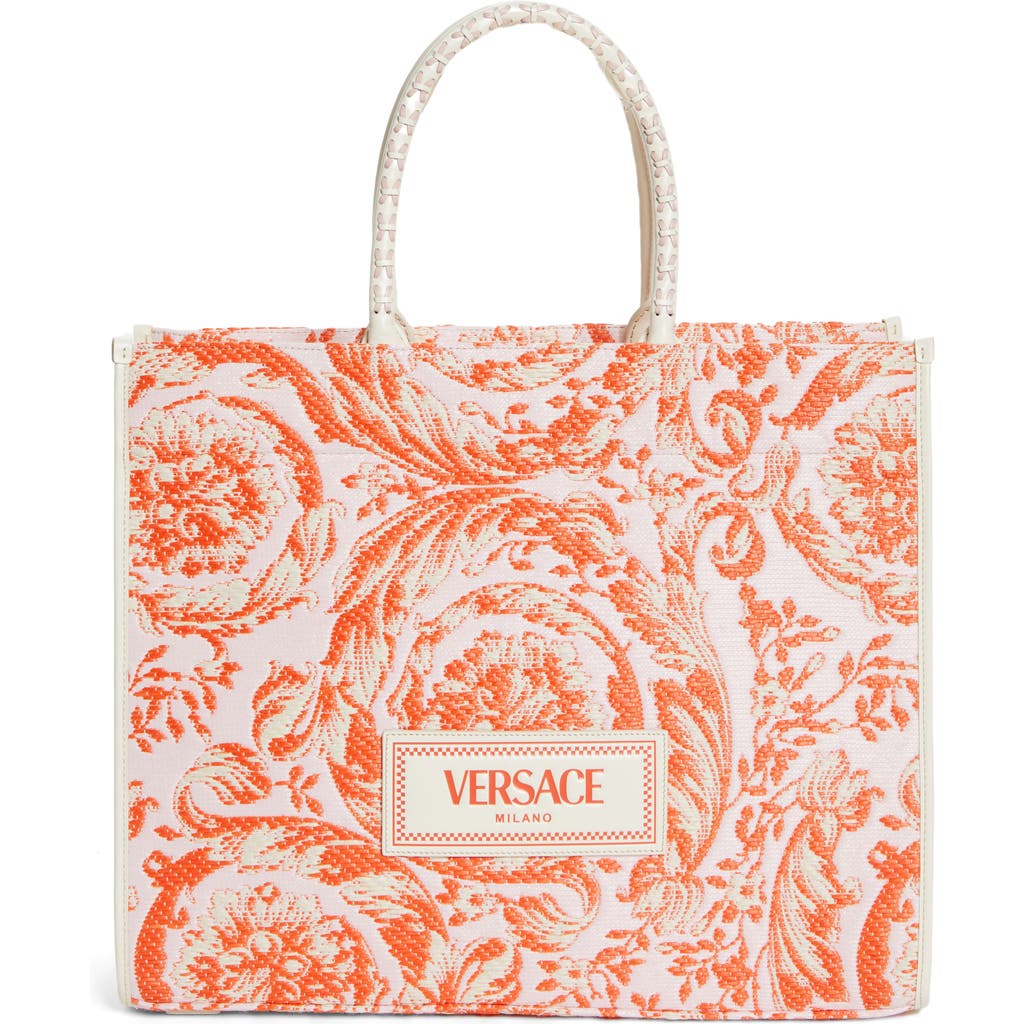 Shop Versace Extra Large Athena Barocco Raffia Tote In Multicolor Ivory Coral Pink