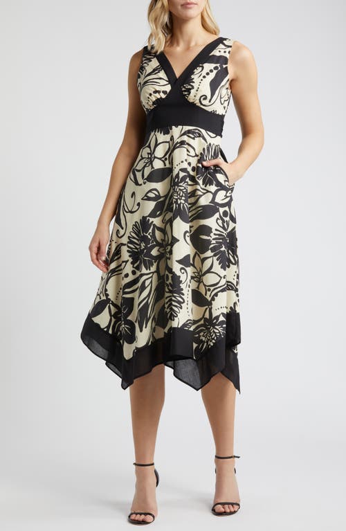 Tahari ASL Floral Handkerchief Hem Cotton Midi Dress Black Sand at Nordstrom,