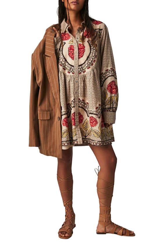 Free People Smell The Roses Long Sleeve Cotton Shirtdress In Neutral