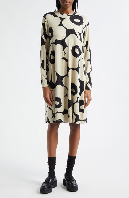 Marimekko Terassi Unikko Long Sleeve Stretch Jersey Dress in Beige Black 