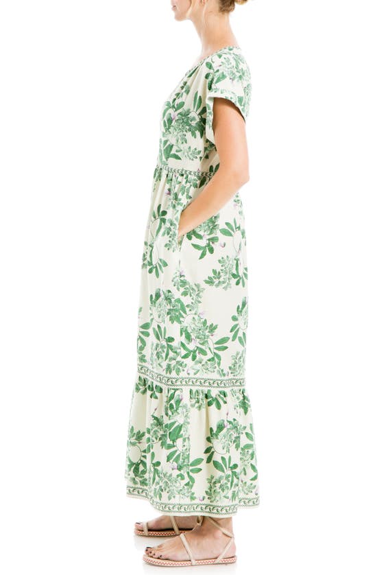 Shop Max Studio Floral Tiered Maxi Dress In Mint/ Forest Dancing Leaves