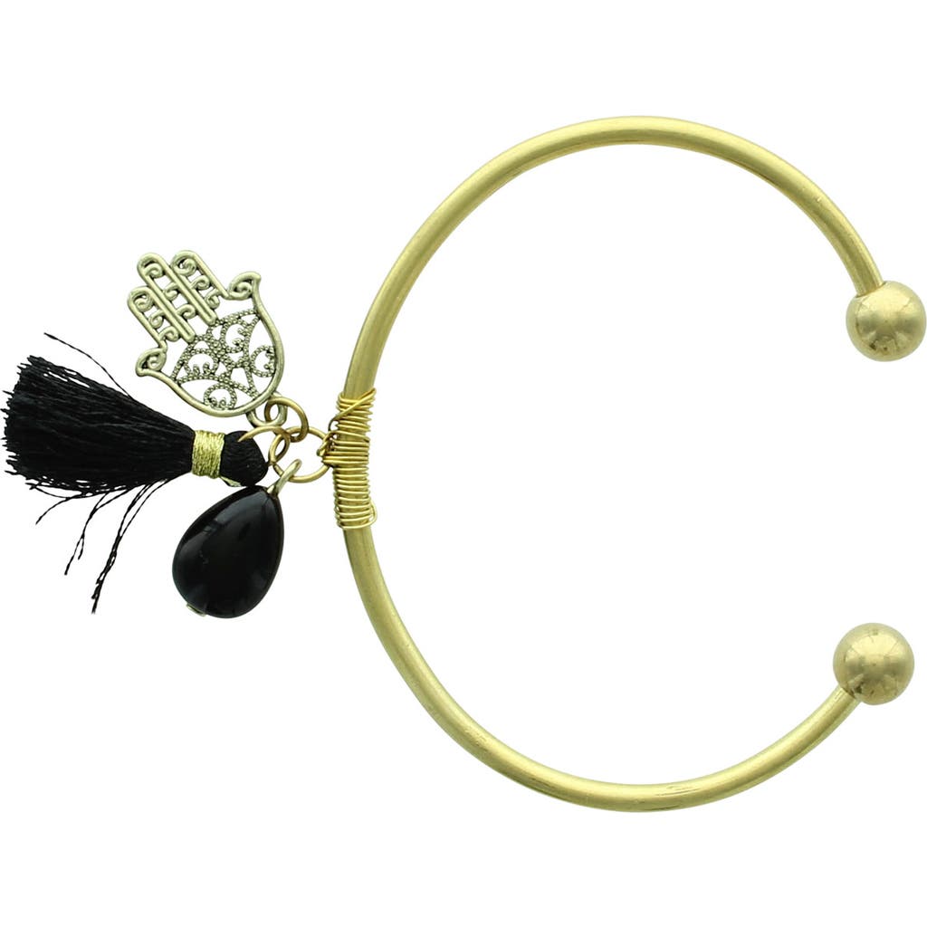 Shop Olivia Welles Feather And Tassel Charm Cuff In Burnished Gold/black