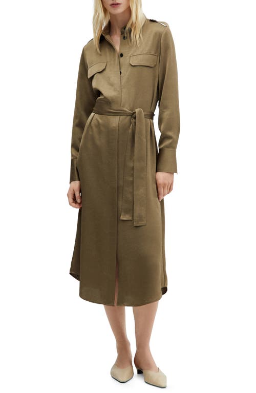 MANGO Jana Long Sleeve Textured Satin Midi Shirtdress Khaki at Nordstrom,