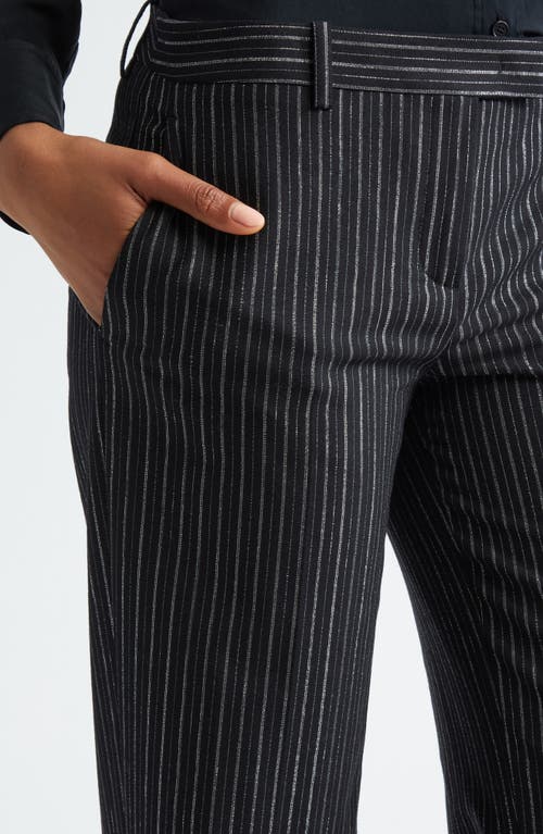 Shop Michael Kors Carolyn Metallic Pinstripe Straight Leg Pants In Black/silver