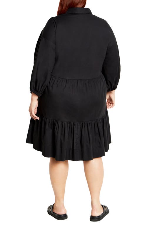 Shop City Chic Kiara Balloon Sleeve Tiered Shirtdress In Black