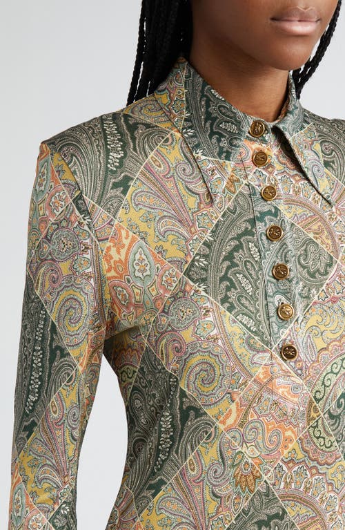 Shop Etro Patchwork Paisley Long Sleeve Shirtdress In Green/yellow Multi