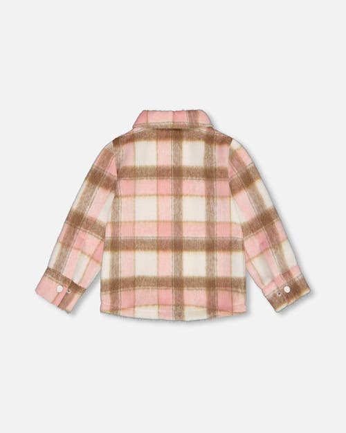 Shop Deux Par Deux Little Girl's Overshirt Wool-effect With Pockets Plaid Pink, Nougat And Off White In Plaid Pink, Brown & Off White