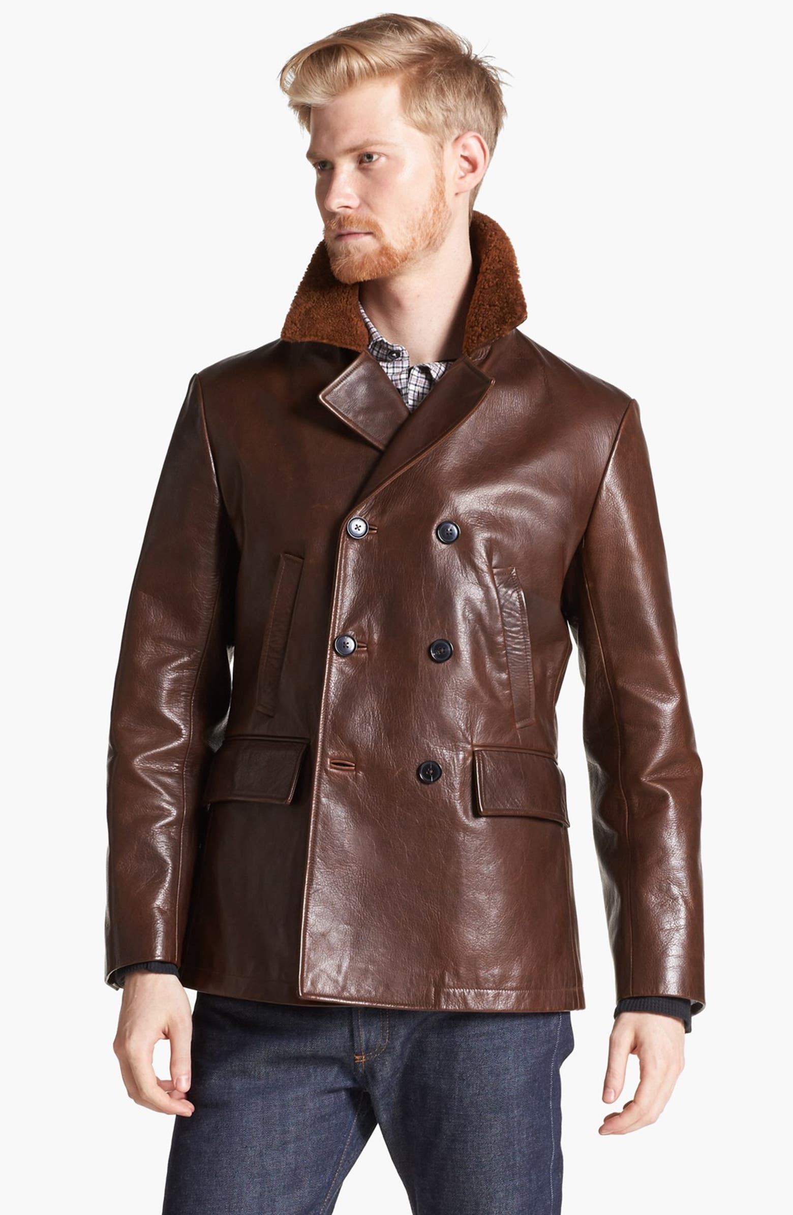 Billy Reid Leather Peacoat with Genuine Shearling Collar | Nordstrom