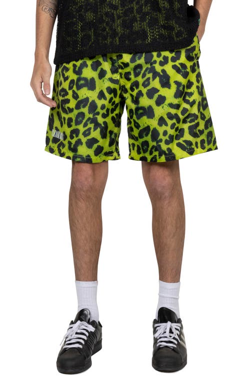 PLEASURES Leopard Print Running Shorts in Lime