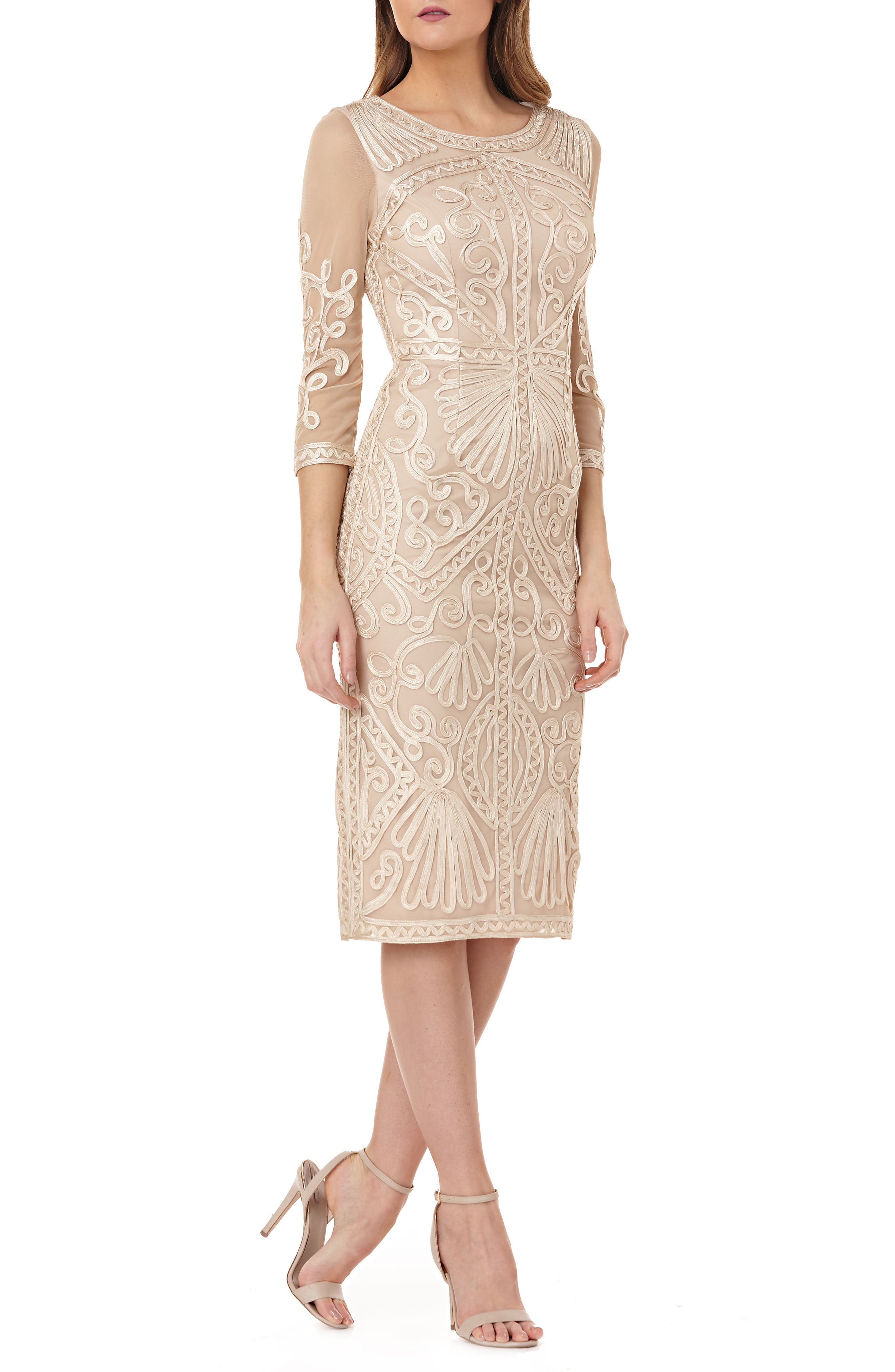 sheer sleeve soutache sheath dress js collections