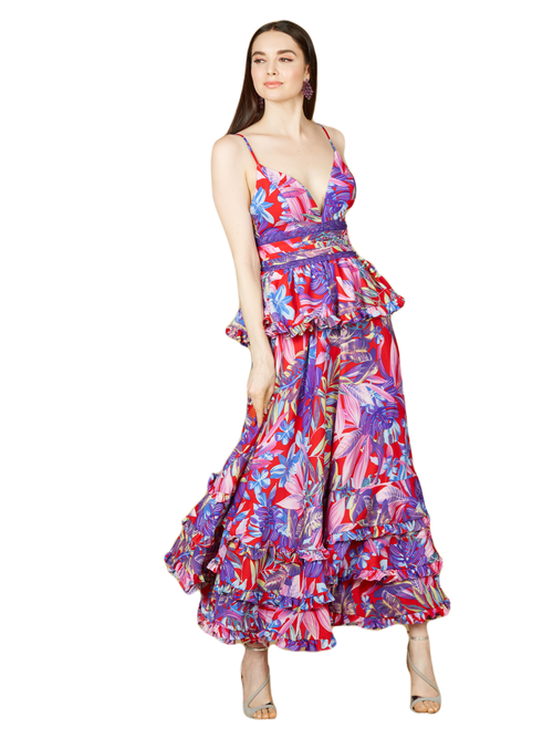 Shop Lara New York Ruffle Skirt Printed Gown In Red