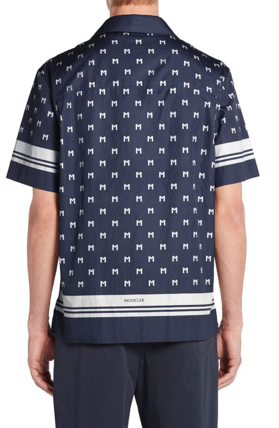 Shop Moncler Logo Short Sleeve Cotton Poplin Button-up Shirt In Navy