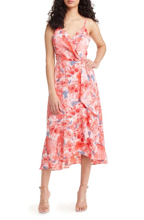 Chelsea28 Faux Wrap Floral Midi Dress in Pink Multi Floral
