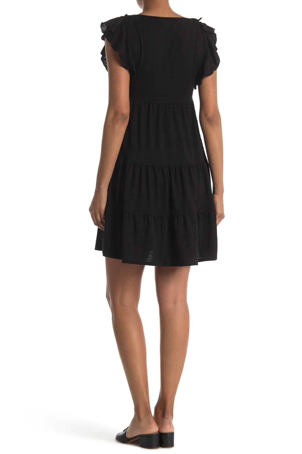 Max Studio Ruffle Cap Sleeve Tiered Jersey Babydoll Dress In Blck0t73