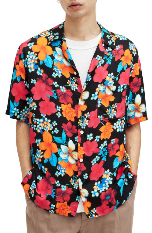 AllSaints Spiros Floral Camp Shirt Jet Black at Nordstrom,