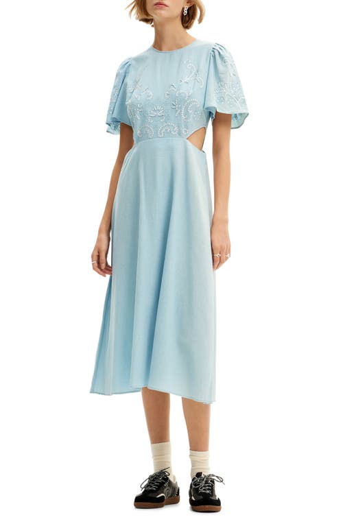 Greta Side Cutout Bead Detail Cotton & Linen Dress in Blue