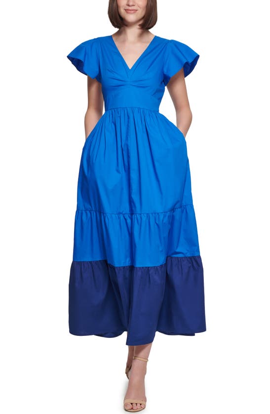 Kensie Ruffle Sleeve Colorblock Cotton Maxi Dress In Blue/ Navy