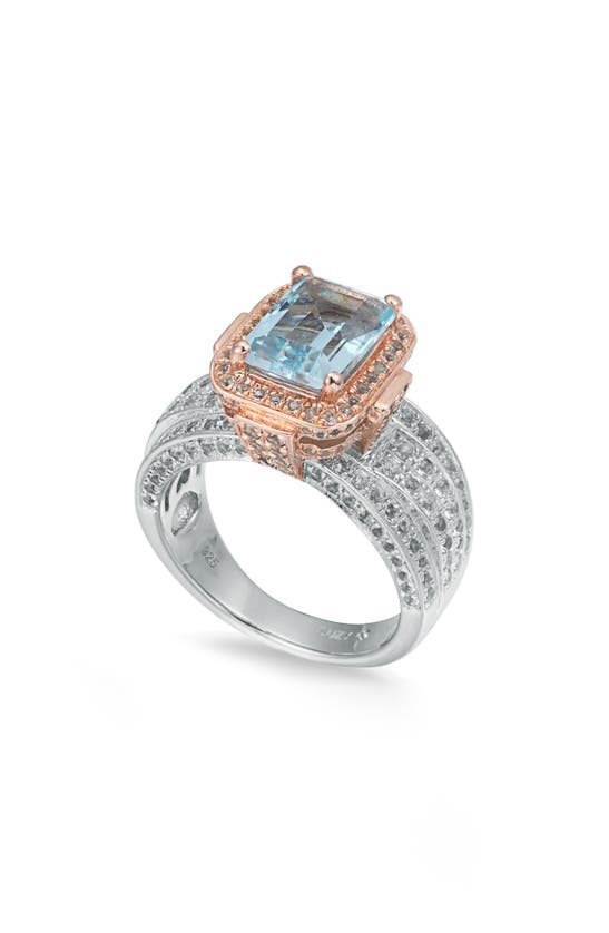 Suzy Levian Two-tone Emerald Cut Semiprecious Stone & White Topaz Halo Ring In Blue