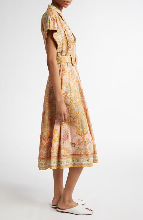Shop Zimmermann Acacia Floral Stripe Belted Linen Midi Shirtdress In Pink Multi
