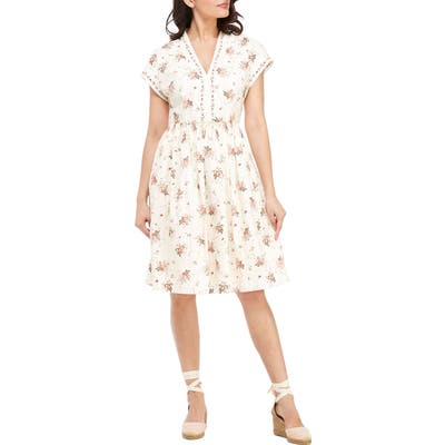 Gal Meets Glam Collection Smocked Waist Floral Print Dress, Ivory